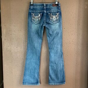 Shyanne Girls Medium Wash Bootcut Jeans Steer Skull Embroidered Pockets Size 8